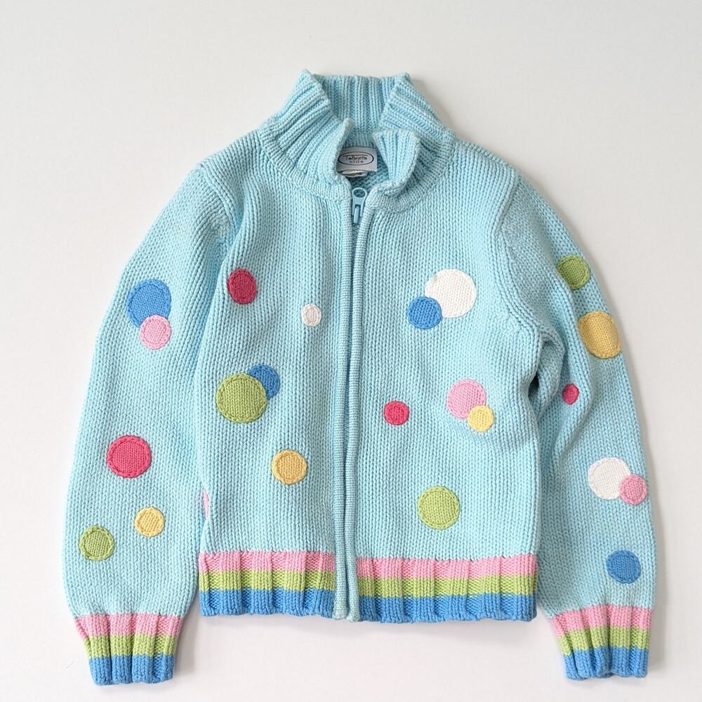 Talbots Kids Vintage 90s Girls Knit Cardigan | Size 6 | Turquoise Polka Dots